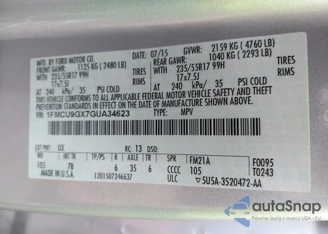 2016 Ford Escape Se из США, поврежденный, VIN 1FMCU9GX7GUA34623